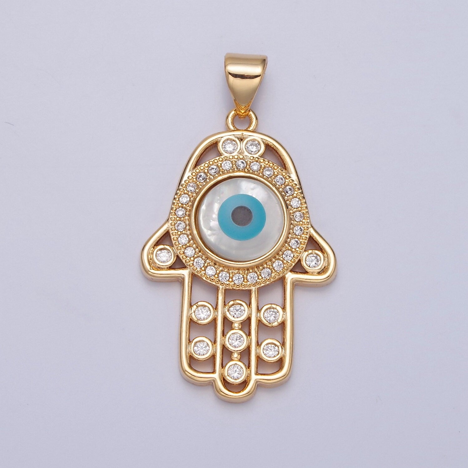Gold Filled Hamsa Hand Pendant, Micro Pave Clear Cubic Zirconia Evil Eye Charm For DIY Jewelry Making J-602