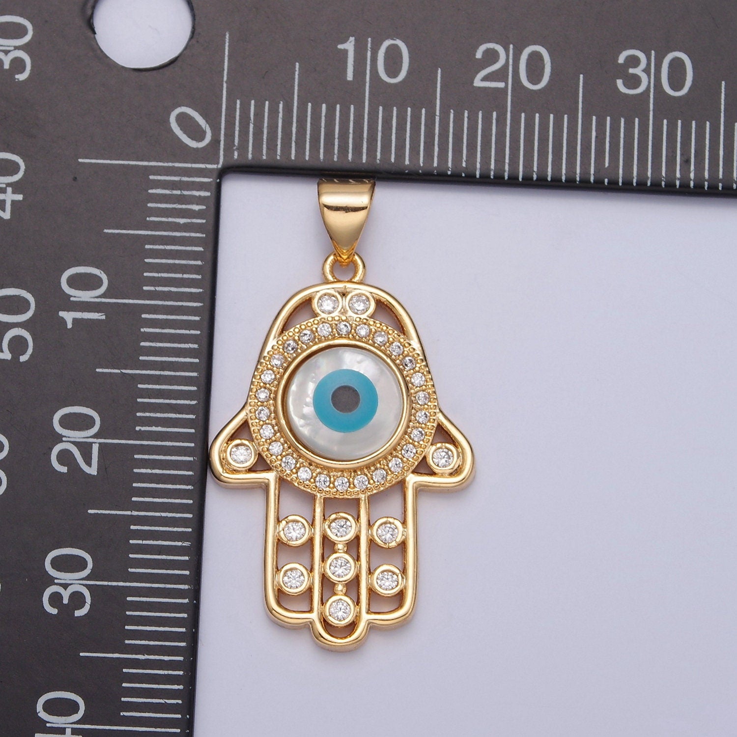 Gold Filled Hamsa Hand Pendant, Micro Pave Clear Cubic Zirconia Evil Eye Charm For DIY Jewelry Making J-602