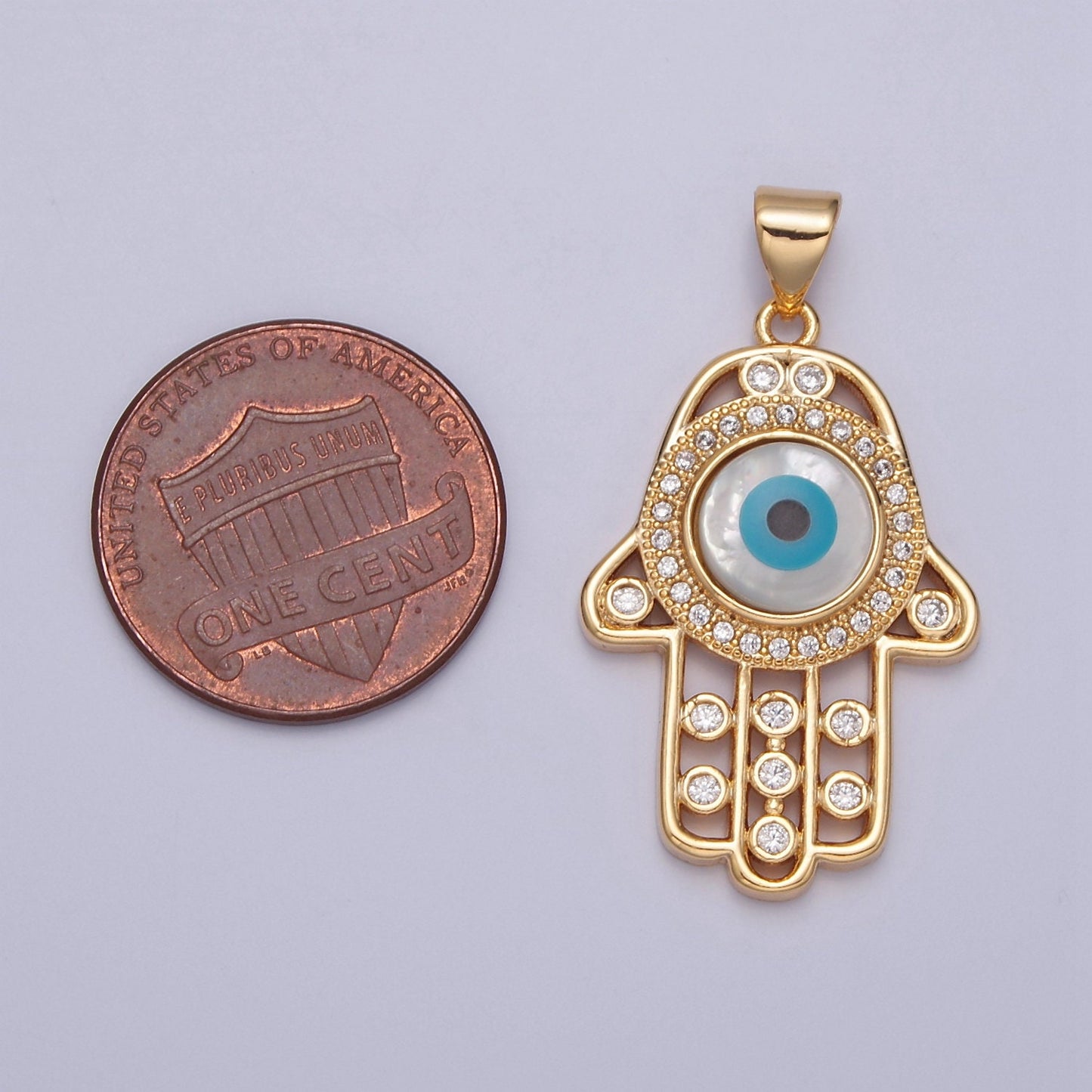 Gold Filled Hamsa Hand Pendant, Micro Pave Clear Cubic Zirconia Evil Eye Charm For DIY Jewelry Making J-602
