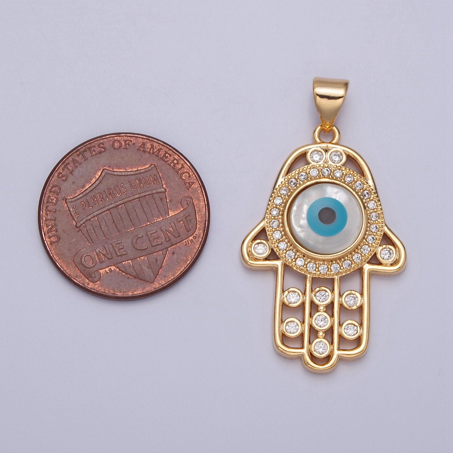 Gold Filled Hamsa Hand Pendant, Micro Pave Clear Cubic Zirconia Evil Eye Charm For DIY Jewelry Making J-602