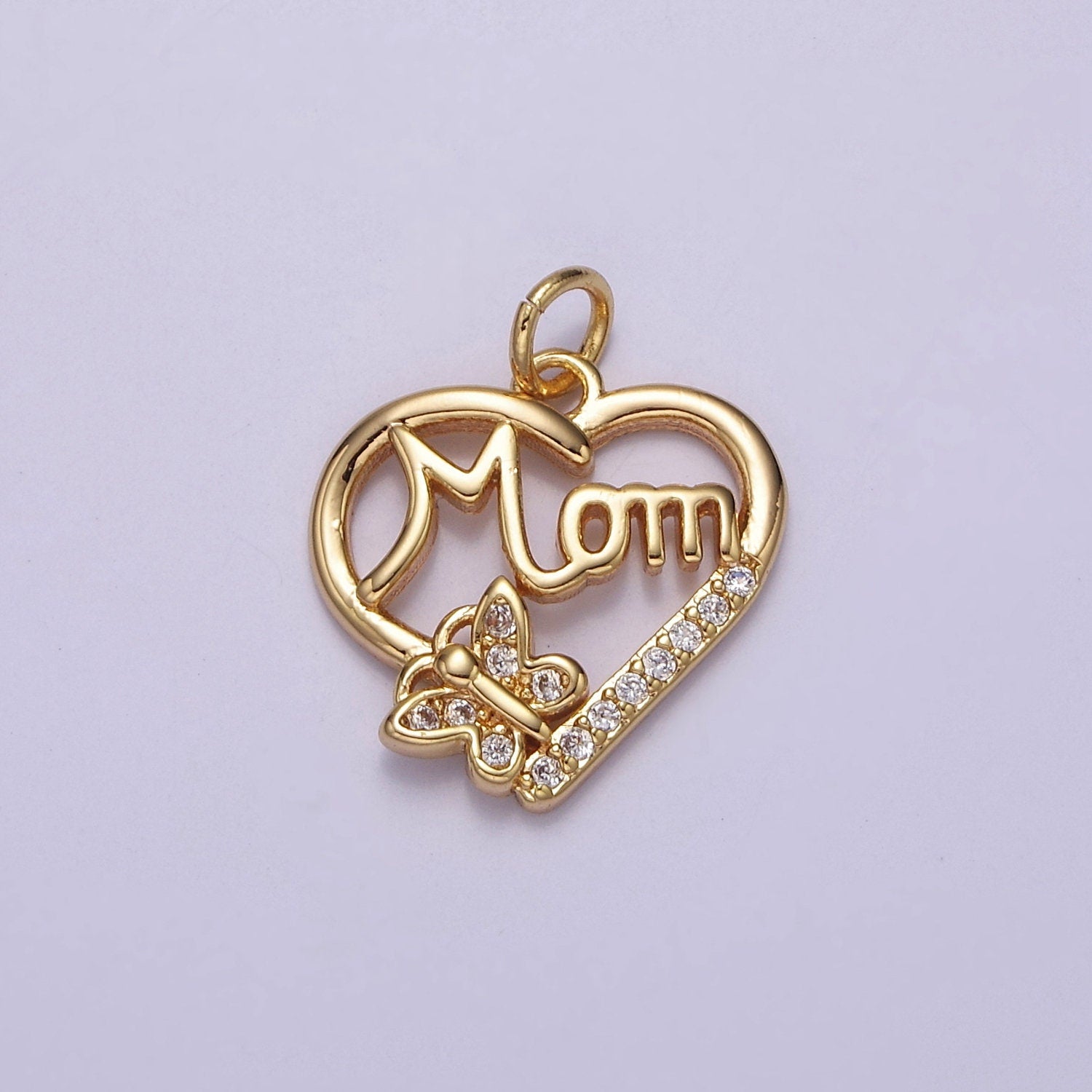 Dainty Mom Charm Pendant, Mother's Day Charms Pendants, Mom Heart, 18k Gold Filled Charm Micro Pave Mom Charm Dangle Pendant E-711