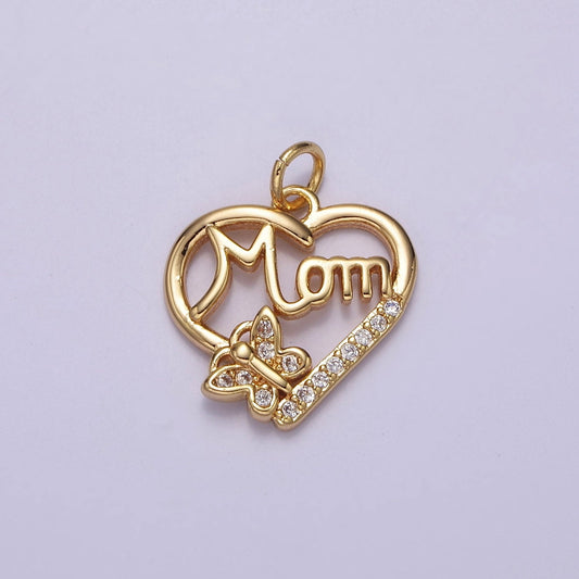 Dainty Mom Charm Pendant, Mother's Day Charms Pendants, Mom Heart, 18k Gold Filled Charm Micro Pave Mom Charm Dangle Pendant E-711