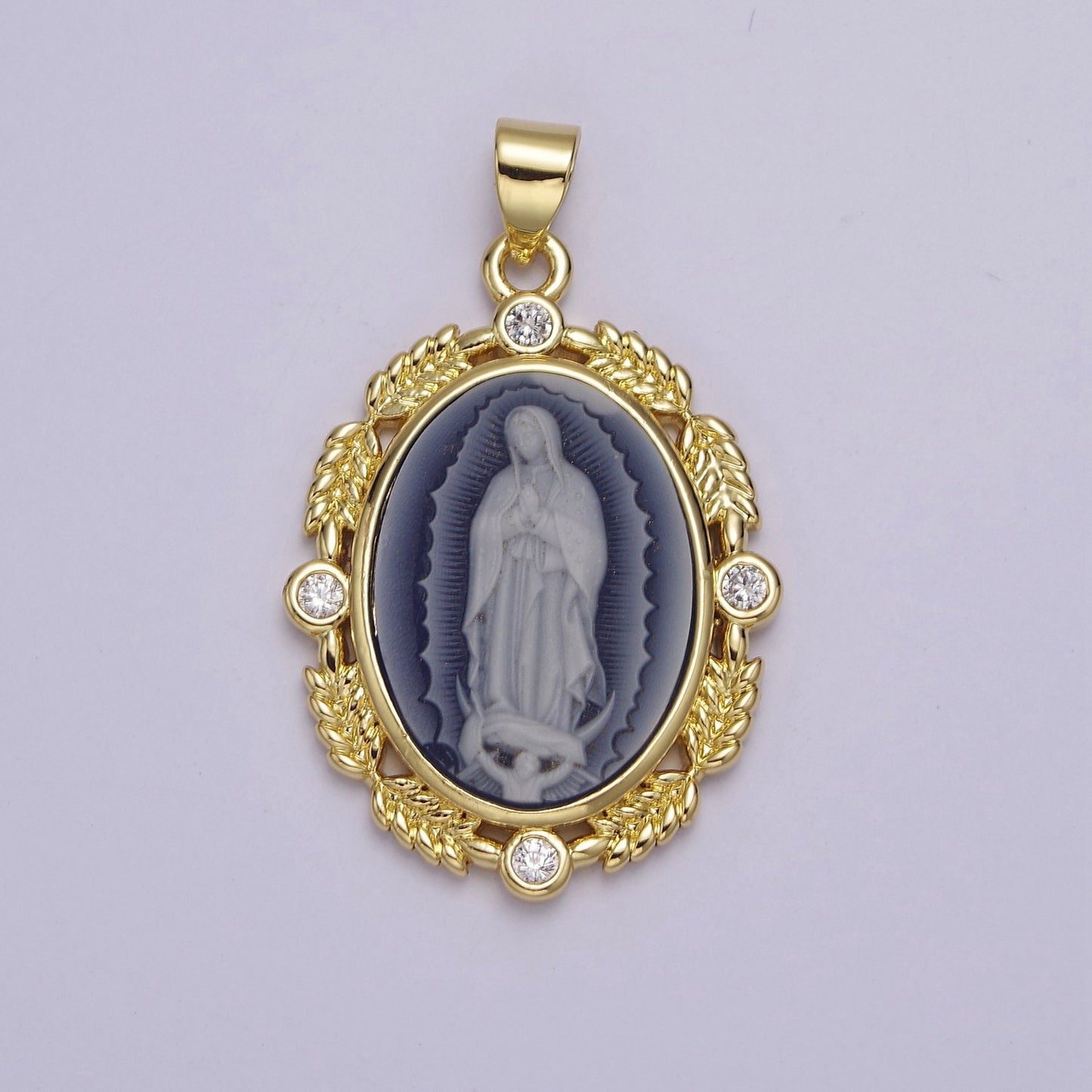 Dainty Micro Pave Vintage Blue Agate Virgin Mary pendant Lady Guadalupe cameo jewelry Charm Necklace J-185 AA867