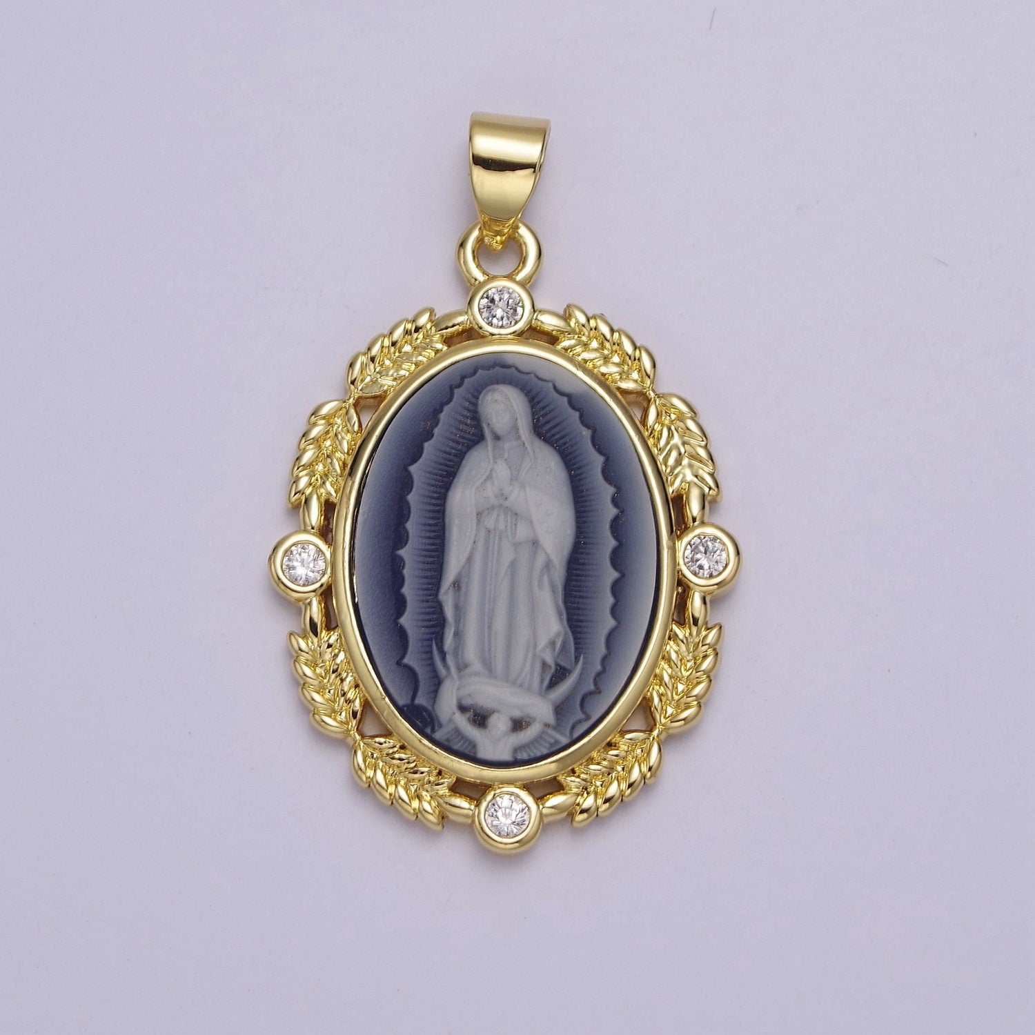 Dainty Micro Pave Vintage Blue Agate Virgin Mary pendant Lady Guadalupe cameo jewelry Charm Necklace J-185 AA867