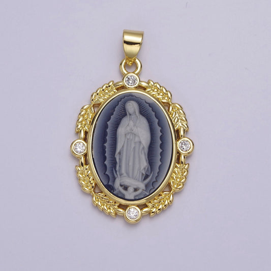 Dainty Micro Pave Vintage Blue Agate Virgin Mary pendant Lady Guadalupe cameo jewelry Charm Necklace J-185 AA867