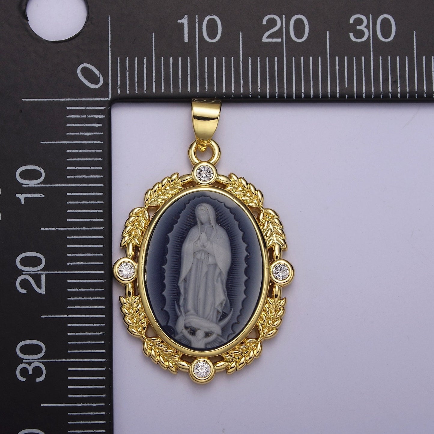Dainty Micro Pave Vintage Blue Agate Virgin Mary pendant Lady Guadalupe cameo jewelry Charm Necklace J-185 AA867