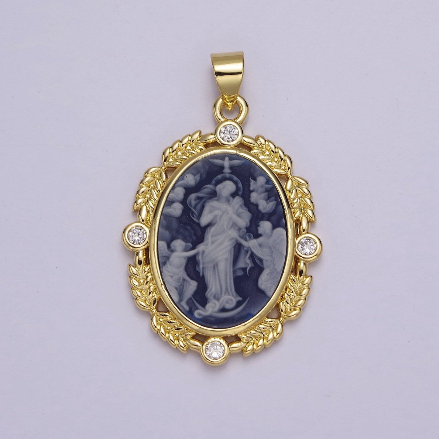 Dainty Micro Pave Blue Agate Jesus pendant Angel cameo Religious jewelry Charm Necklace J-327