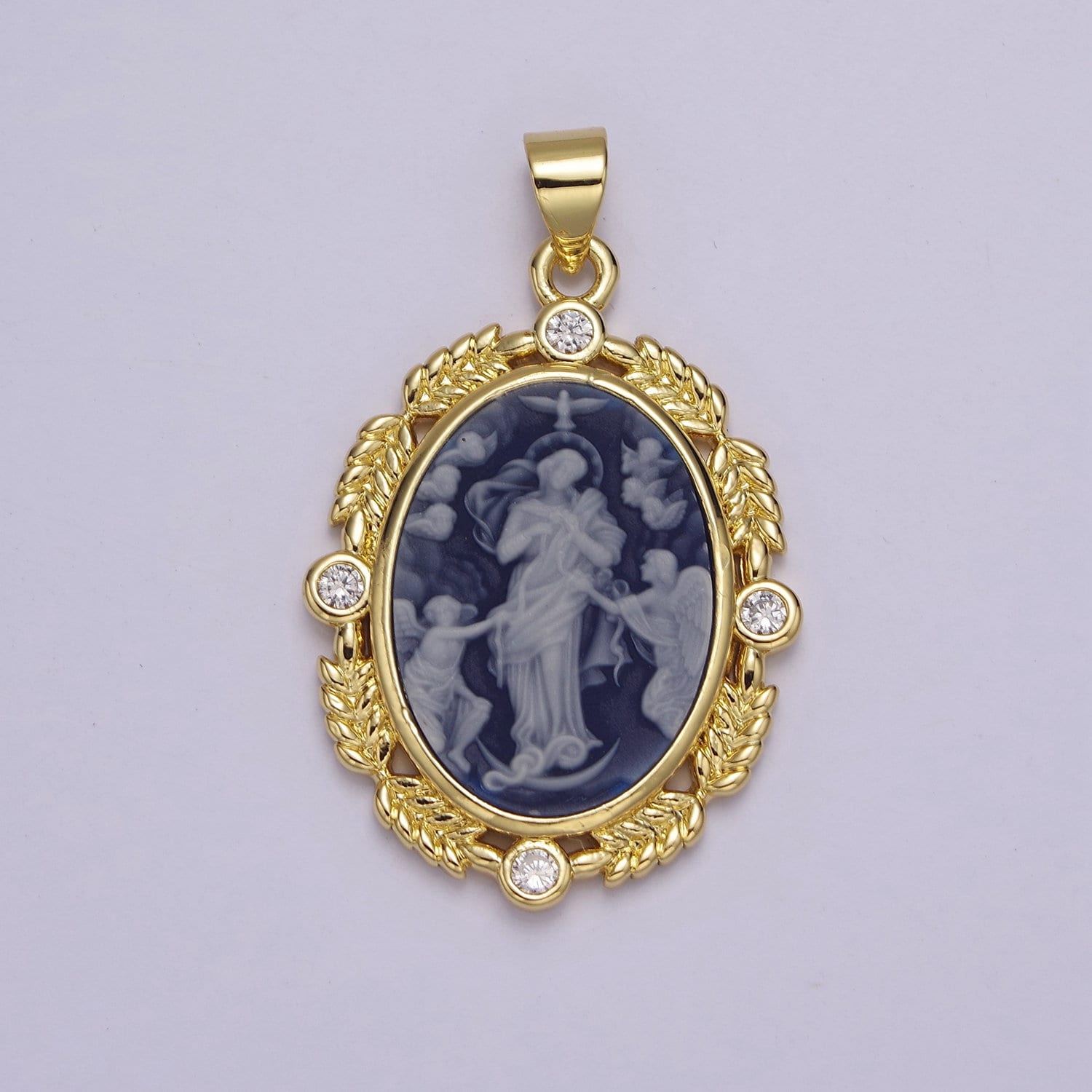 Dainty Micro Pave Blue Agate Jesus pendant Angel cameo Religious jewelry Charm Necklace J-327