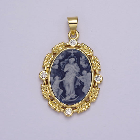 Dainty Micro Pave Blue Agate Jesus pendant Angel cameo Religious jewelry Charm Necklace J-327
