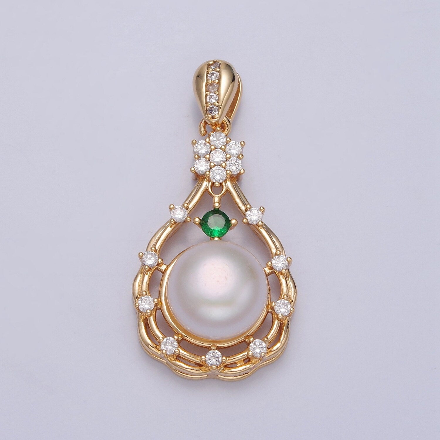 Dainty Green Pave Charm Genuine Shell Pearl Pendant Minimalist Bridal Wedding Jewelry, Teardrop Pendant For DIY Jewelry Making, I-016