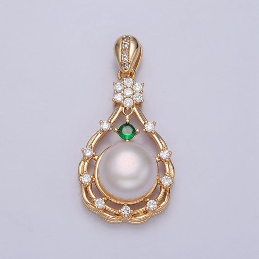 Dainty Green Pave Charm Genuine Shell Pearl Pendant Minimalist Bridal Wedding Jewelry, Teardrop Pendant For DIY Jewelry Making, I-016