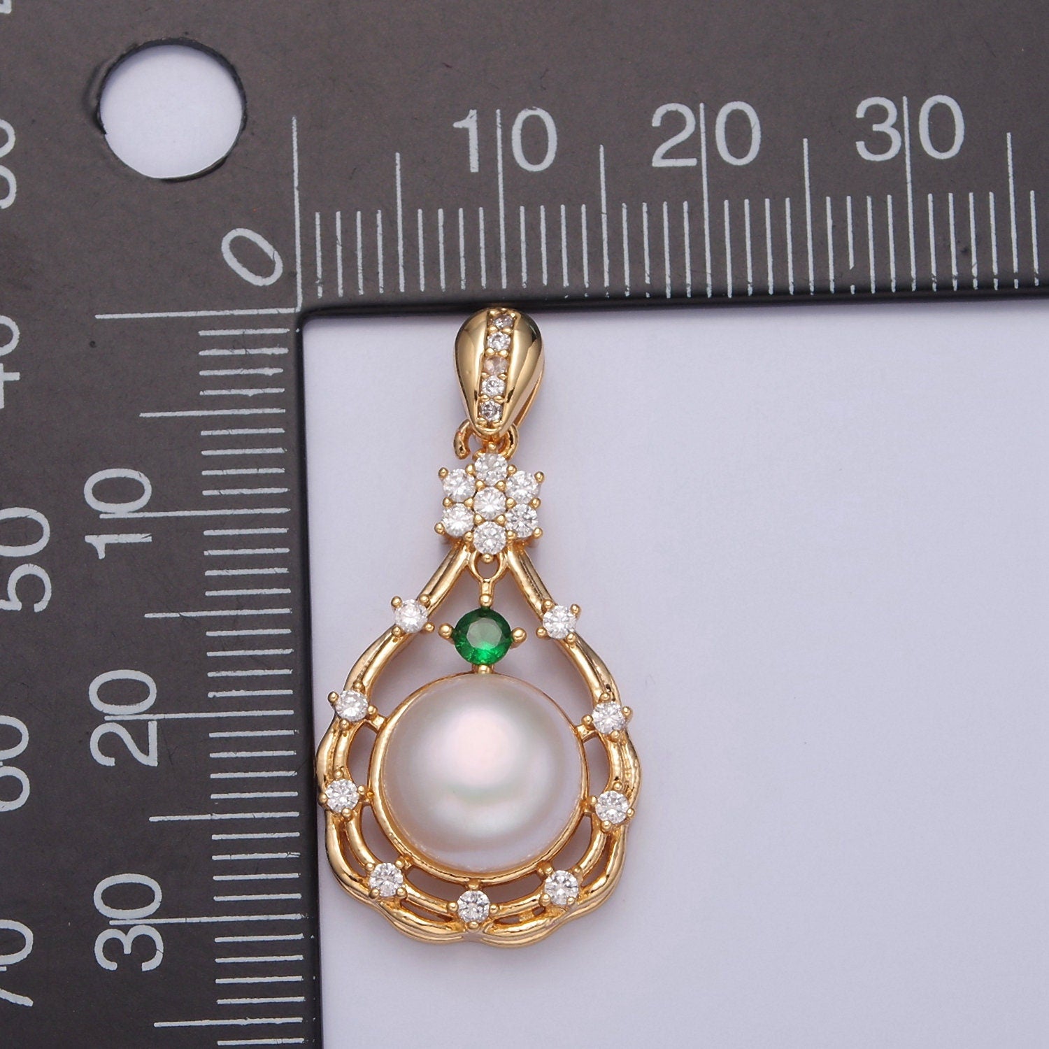 Dainty Green Pave Charm Genuine Shell Pearl Pendant Minimalist Bridal Wedding Jewelry, Teardrop Pendant For DIY Jewelry Making, I-016