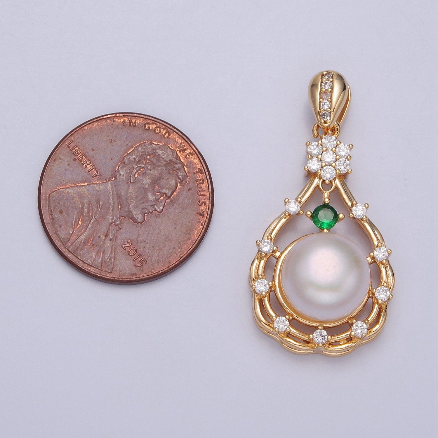 Dainty Green Pave Charm Genuine Shell Pearl Pendant Minimalist Bridal Wedding Jewelry, Teardrop Pendant For DIY Jewelry Making, I-016