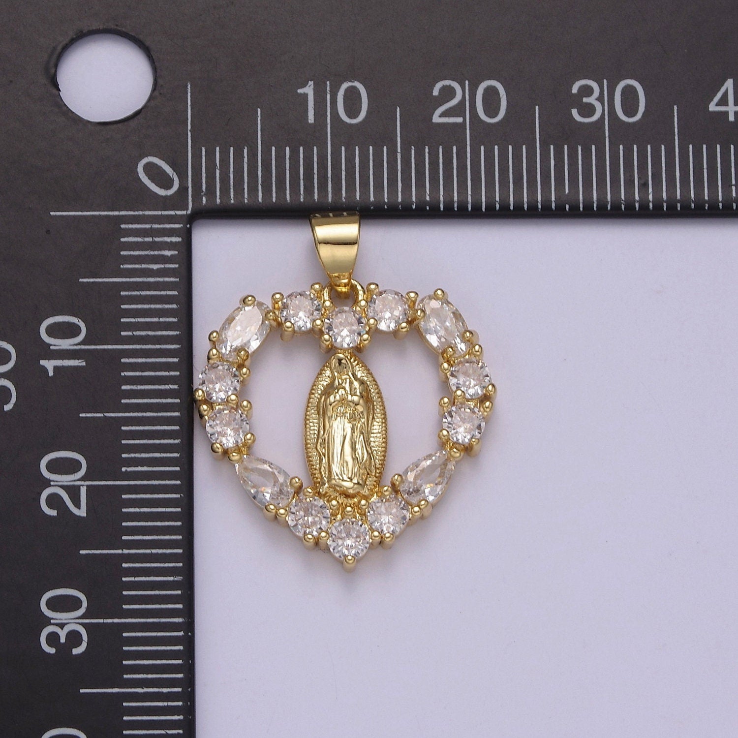 14K Gold Virgin Mary On Heart Emblem Shape Pendant Religious Charm Lady Guadalupe Pave Pendant, Dainty Gold Charm J-357