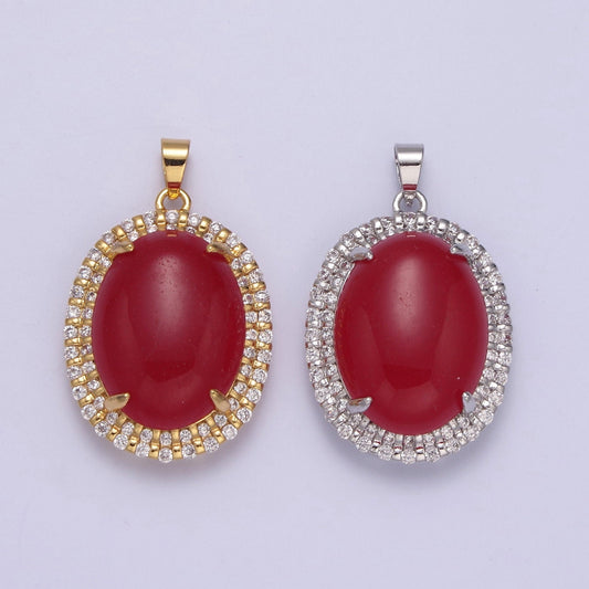 Genuine Red Oval Shaped with Clear Cubic Zircon Jade Pendant W-636