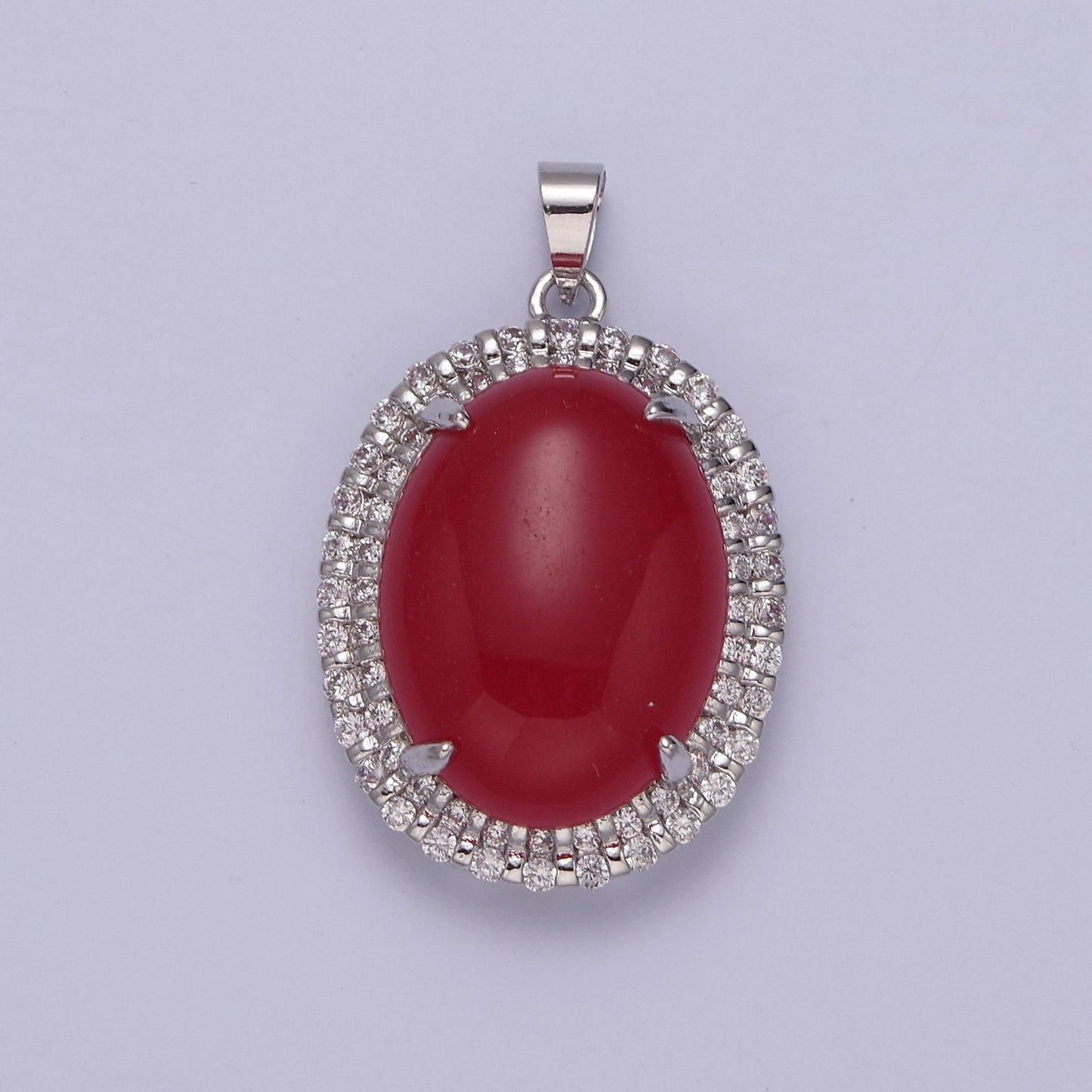 Genuine Red Oval Shaped with Clear Cubic Zircon Jade Pendant W-636