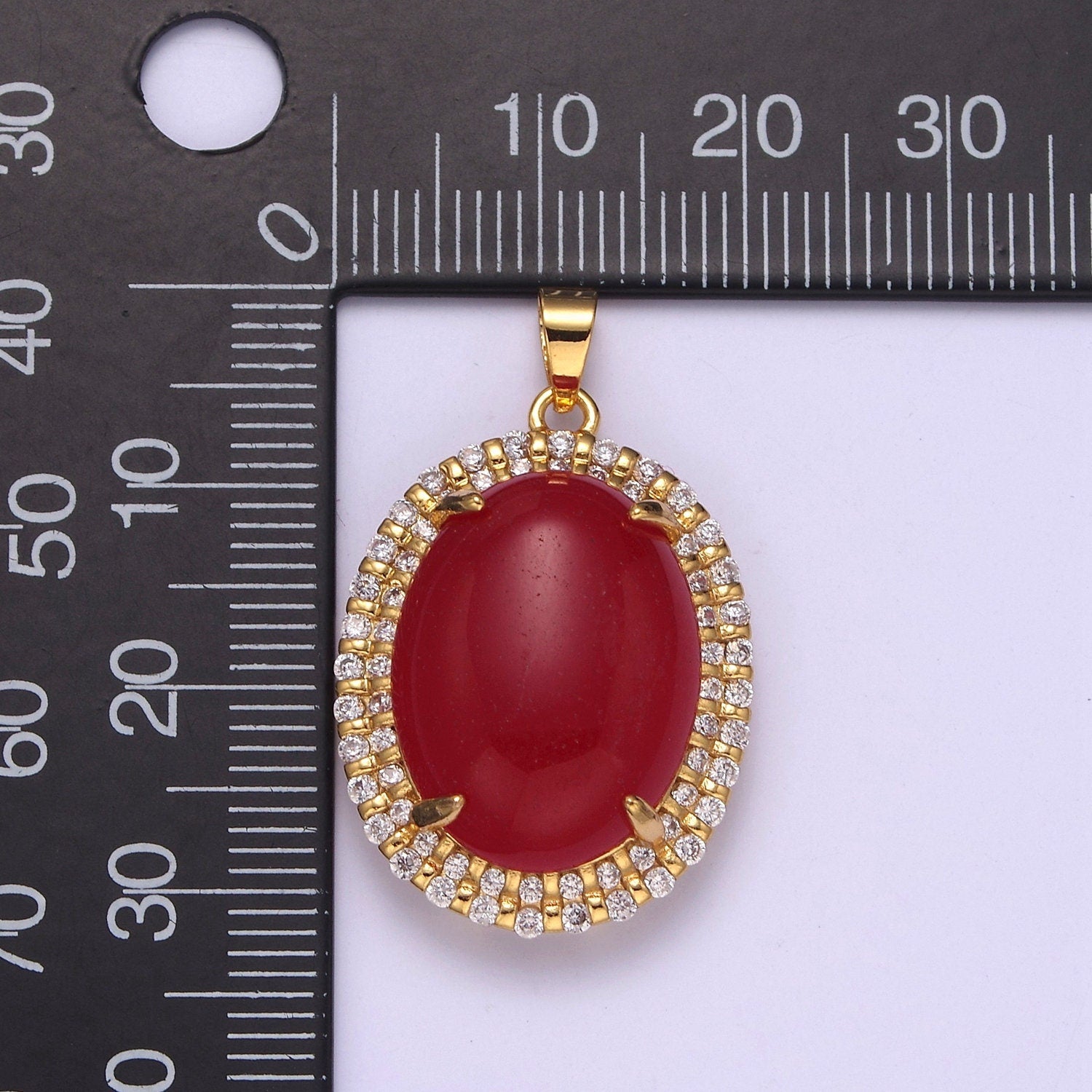 Genuine Red Oval Shaped with Clear Cubic Zircon Jade Pendant W-636