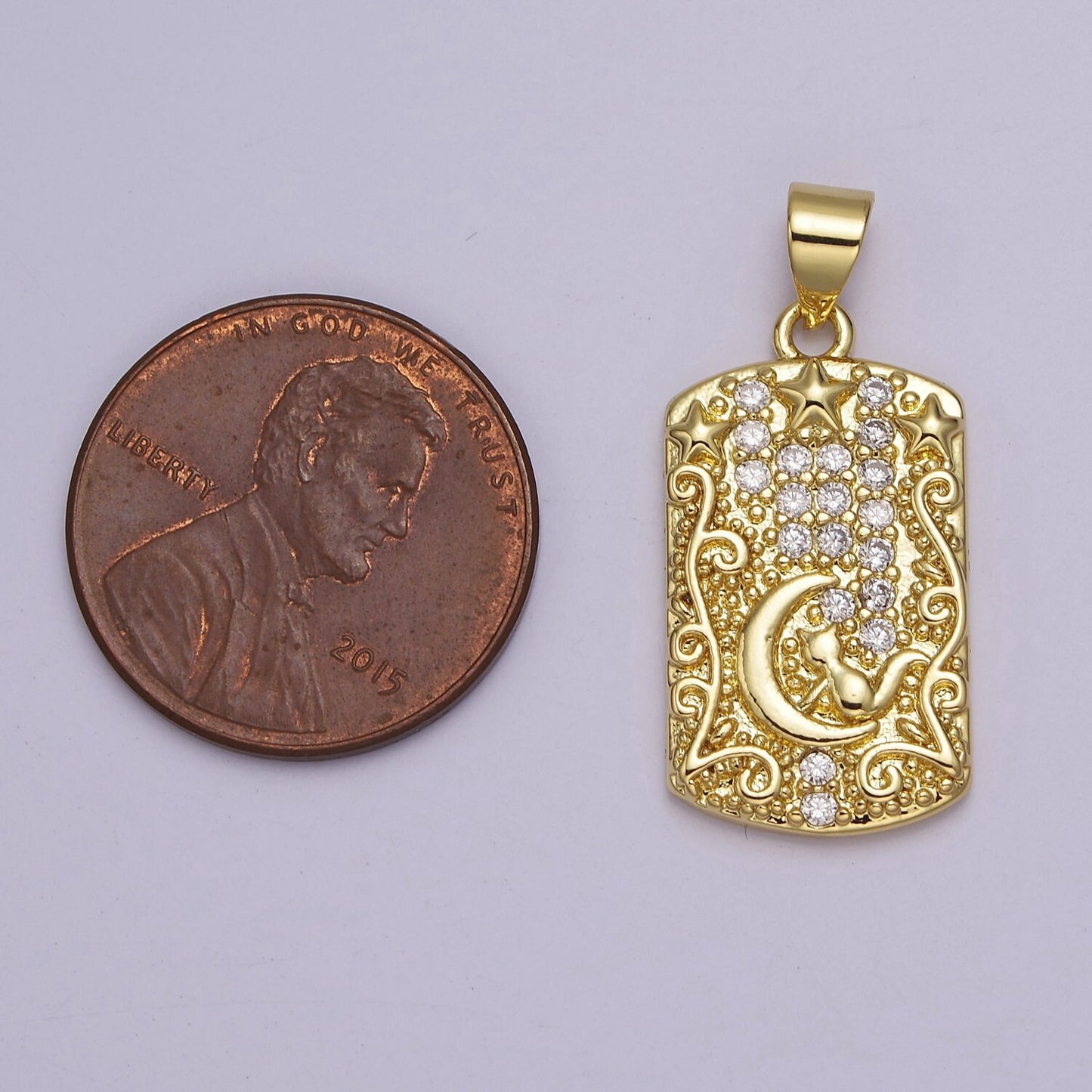 Yellow Gold Tag Pendant Crescent Moon With Cat Charm For Dangle Pendant Necklace J-320