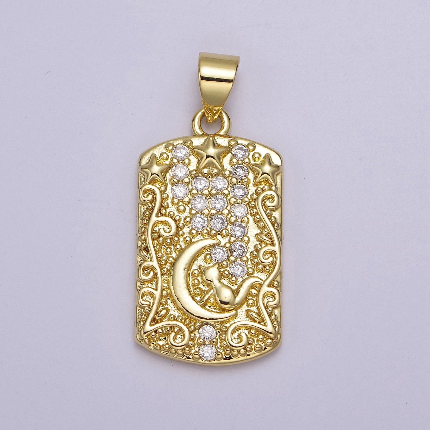 Yellow Gold Tag Pendant Crescent Moon With Cat Charm For Dangle Pendant Necklace J-320