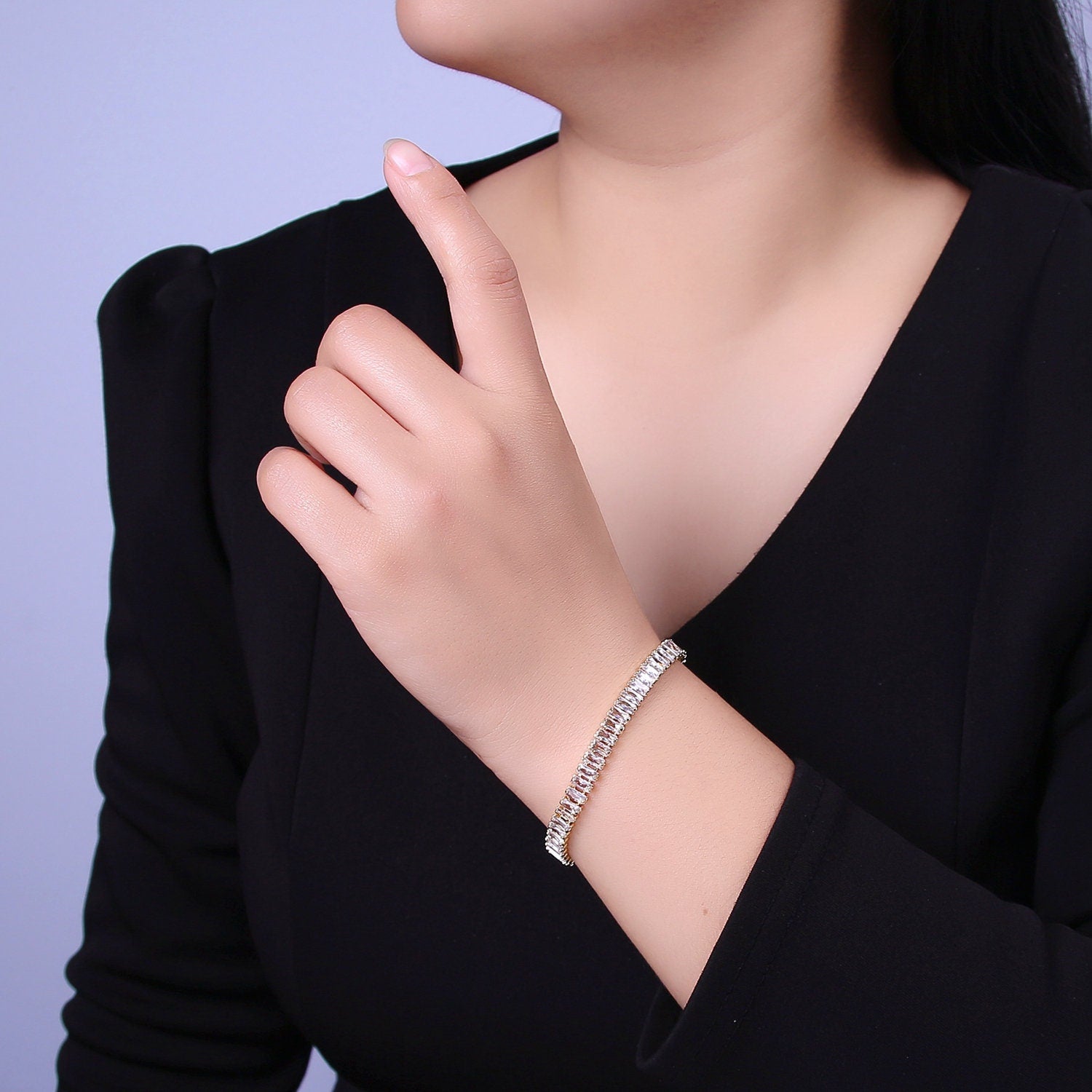 Dainty Baguette Tennis Bracelet, Gold Tennis Bracelet, Cubic Zirconia Tennis Bracelet 7 inch WA-819 WA-880
