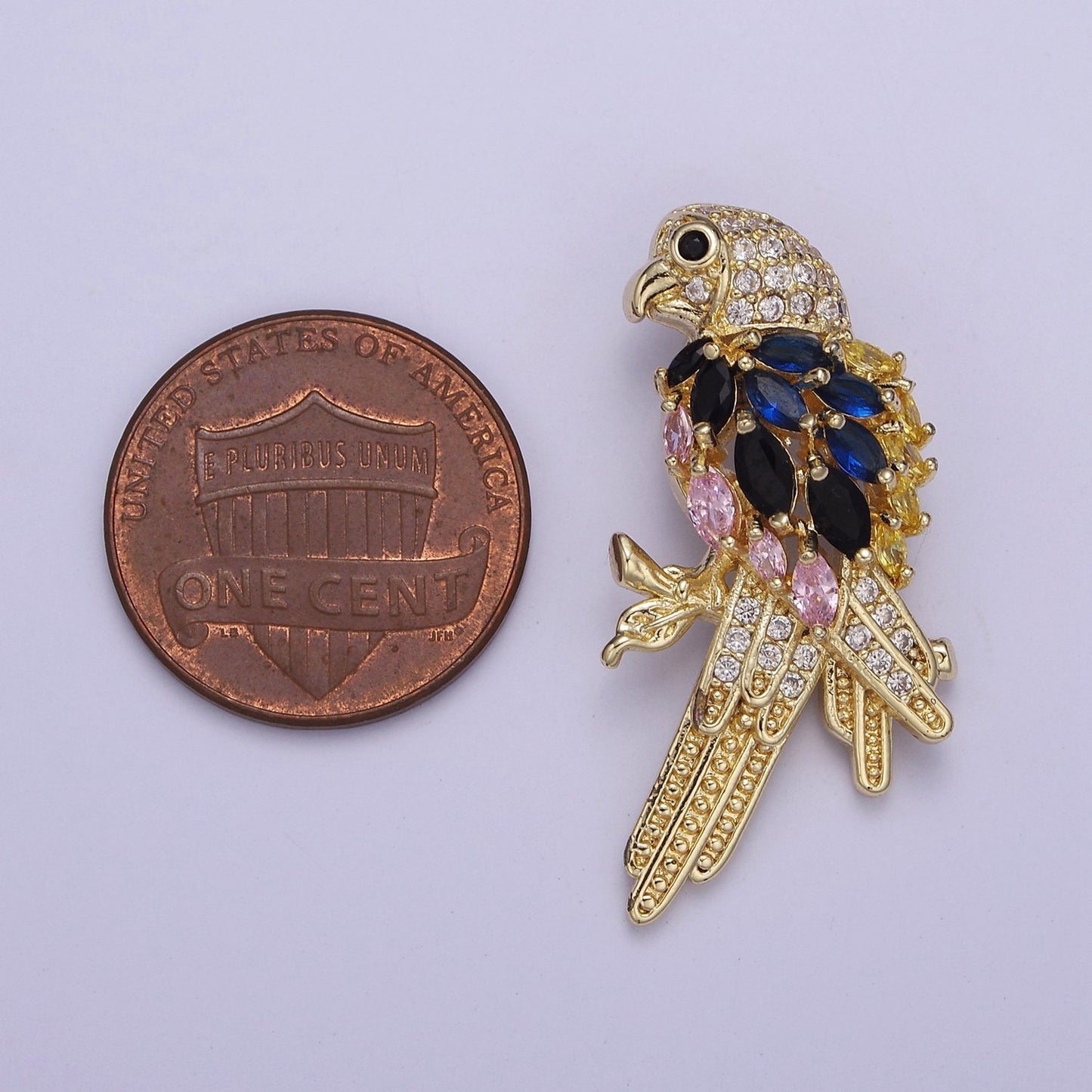 Micro Pave Parrot Bird Pendant with Black Blue Pink Cubic Zirconia CZ Feather, Charm For Jewelry Necklace Making, J-529