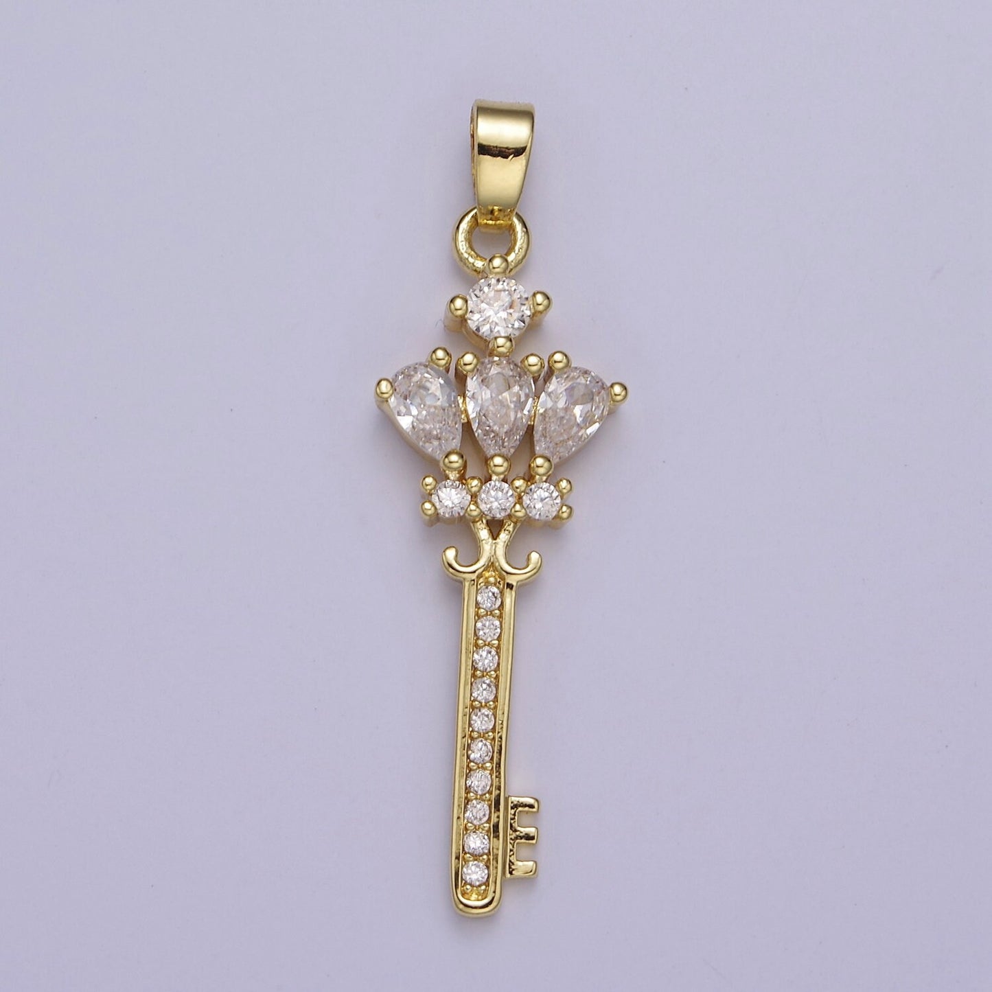 Gold Clear/Purple Crown Key Cubic Zirconia CZ Pendant, Micro Pave Gold Key Charm For Jewelry Necklace Making, J-590 J-592