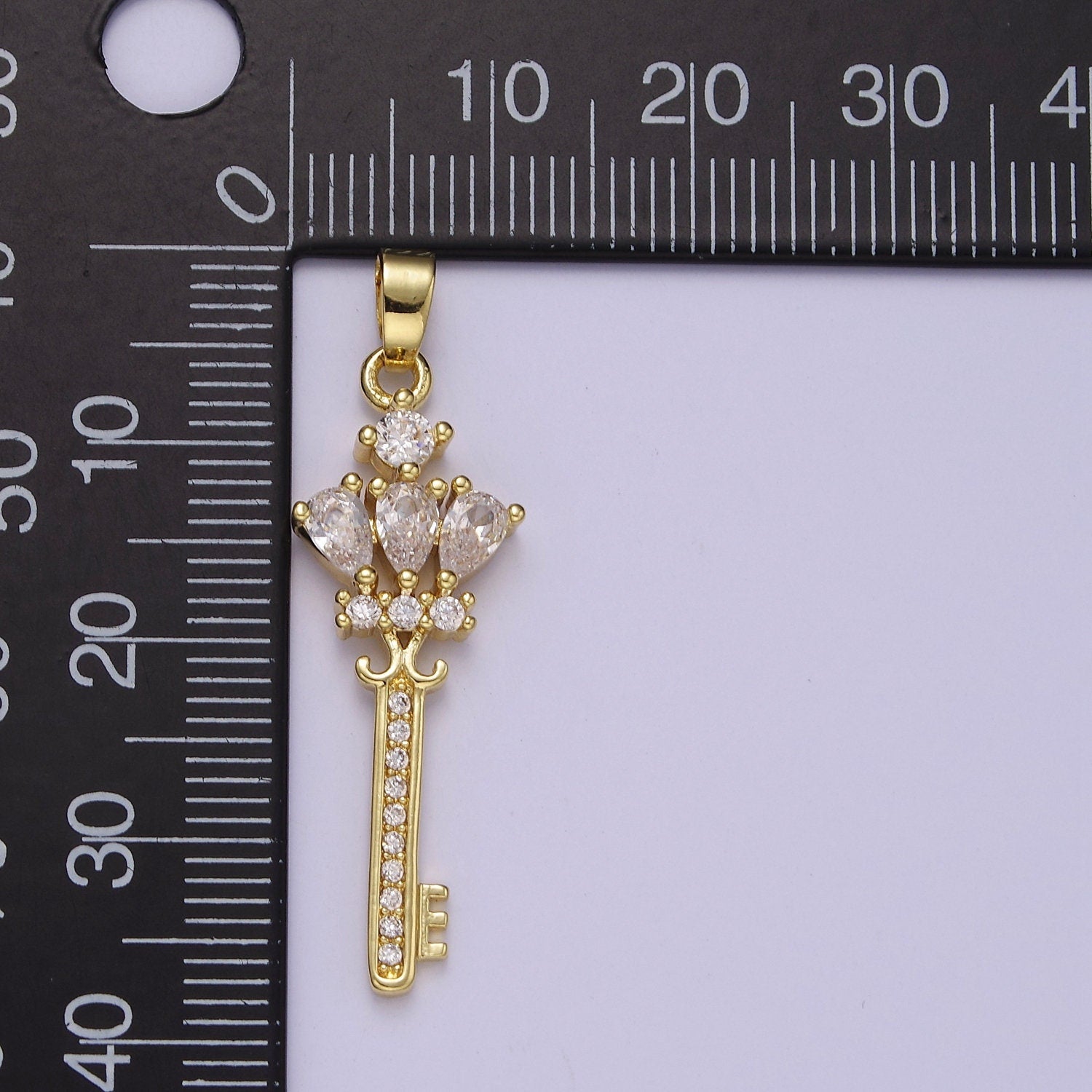 Gold Clear/Purple Crown Key Cubic Zirconia CZ Pendant, Micro Pave Gold Key Charm For Jewelry Necklace Making, J-590 J-592