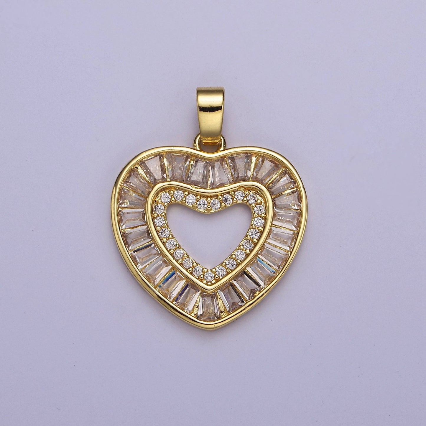 14K Gold Filled Golden Heart Pendant Micro Pave Clear Baguette Love Valentine Heart Pendant For Jewelry Making, J-533
