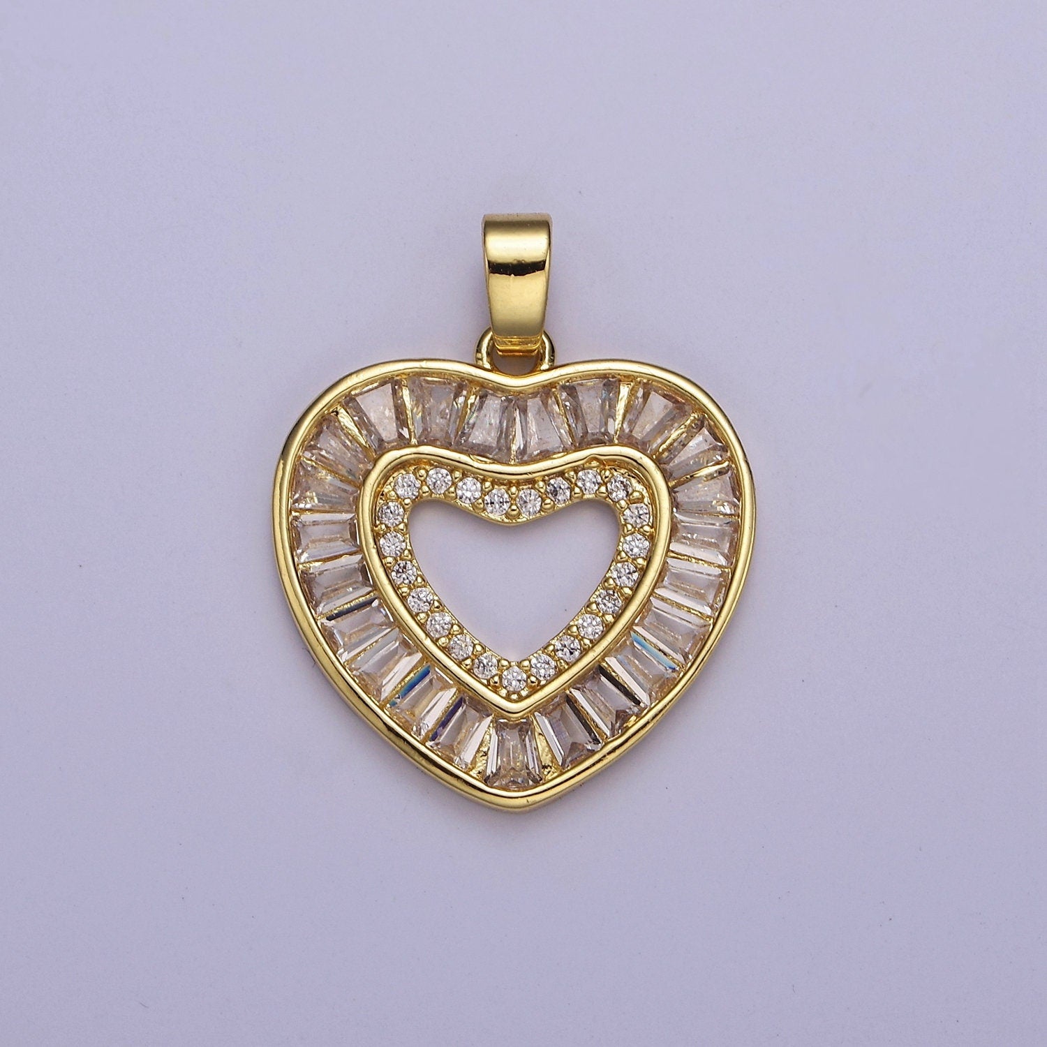 14K Gold Filled Golden Heart Pendant Micro Pave Clear Baguette Love Valentine Heart Pendant For Jewelry Making, J-533