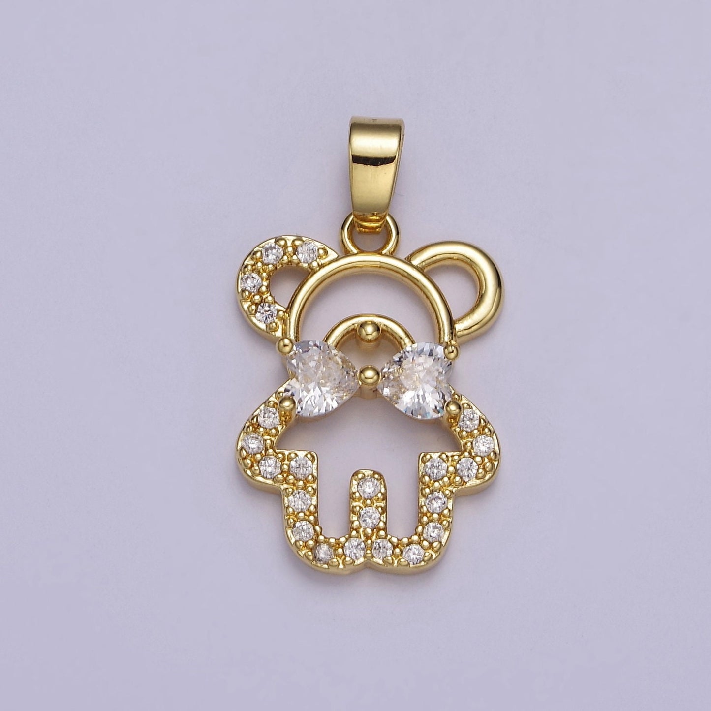 Gold Micro Pave Gentlemen Teddy Bear with Clear Cubic Zirconia Bowtie Pendant For Jewelry Making, J-540