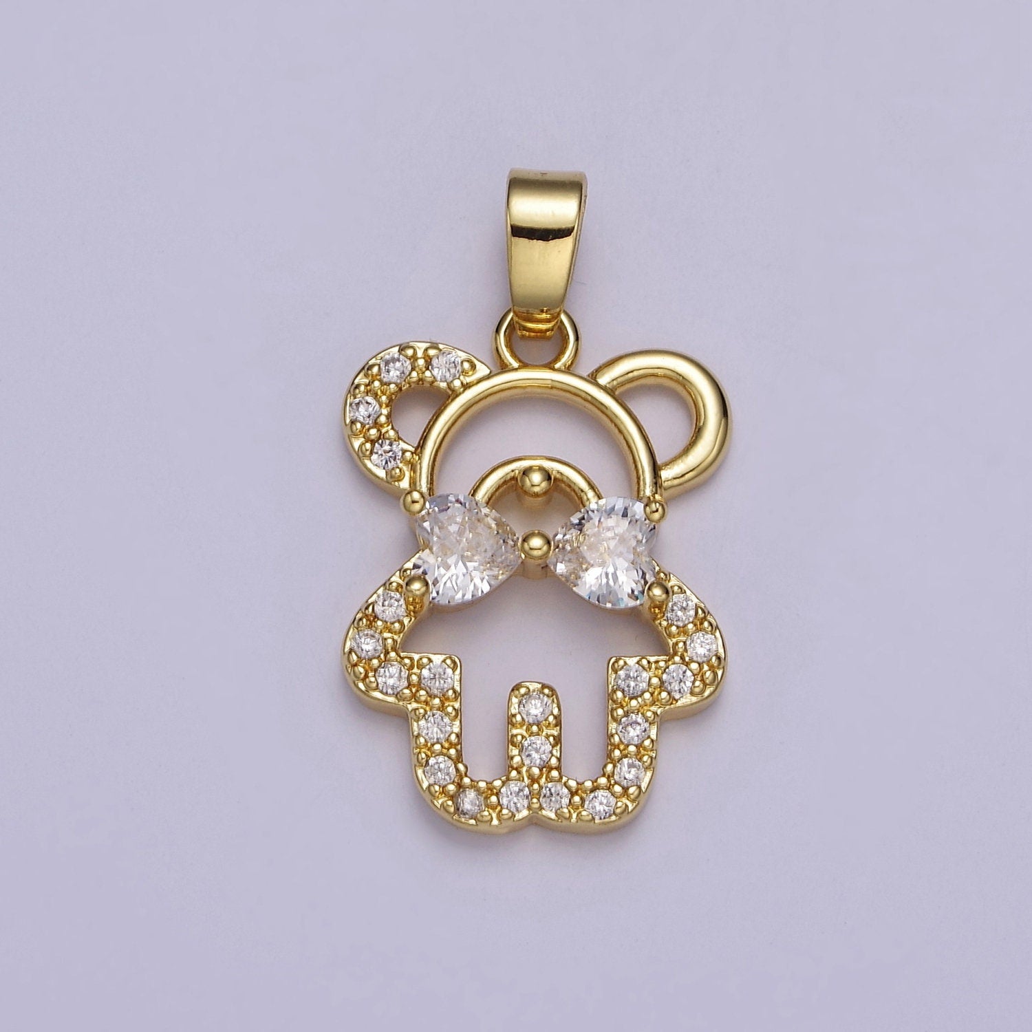 Gold Micro Pave Gentlemen Teddy Bear with Clear Cubic Zirconia Bowtie Pendant For Jewelry Making, J-540