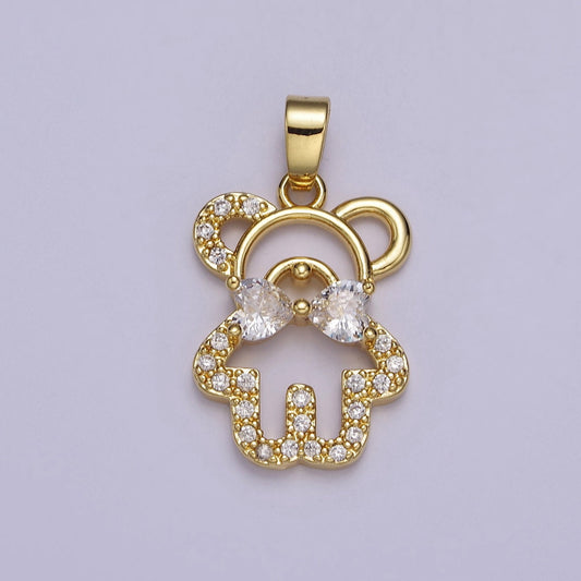 Gold Micro Pave Gentlemen Teddy Bear with Clear Cubic Zirconia Bowtie Pendant For Jewelry Making, J-540