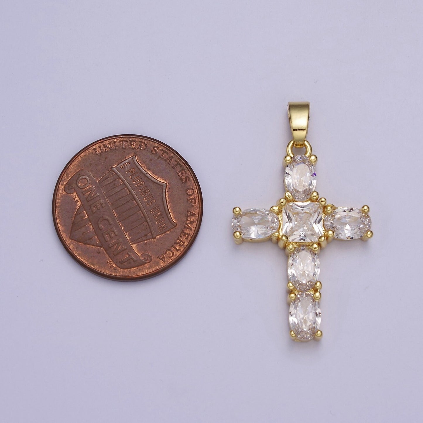 Gold Cross Square-Cut Baguette Cubic Zirconia Pendant, Religious Christian Charm For Jewelry Making, J-539