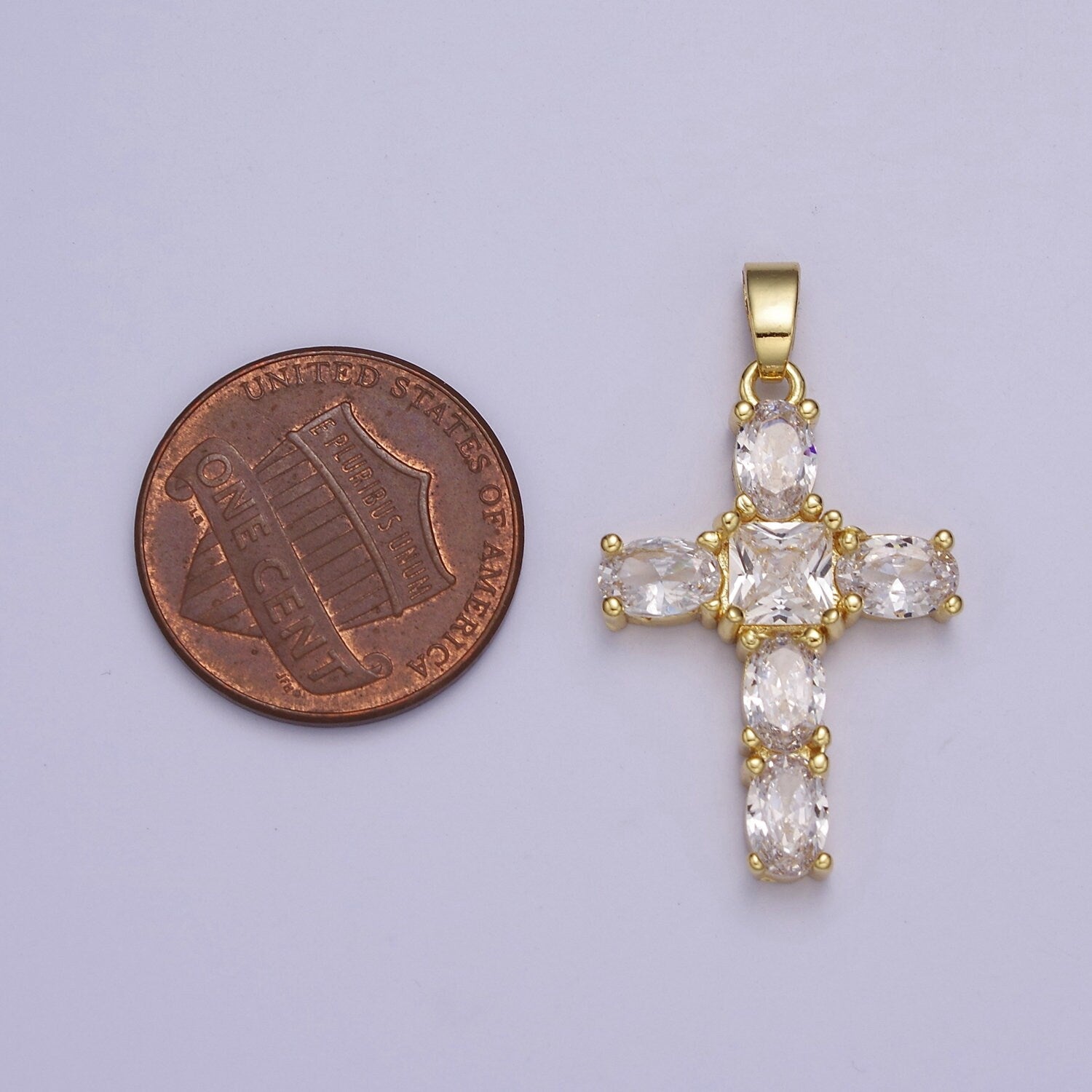Gold Cross Square-Cut Baguette Cubic Zirconia Pendant, Religious Christian Charm For Jewelry Making, J-539