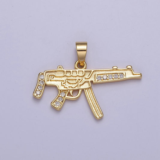 CZ Micro Pave Machine Gun Shape Pendant 16K Gold Filled Gun Charm, Necklace Bracelet Charm Pendant 20.3x27.5mm J-445