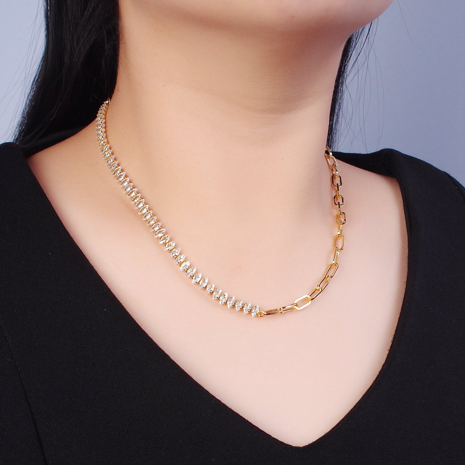 Gold Filled 16 Inch Half Clear CZ Marquise Tennis Chain, Half Paperclip Chain Necklace in Gold & Silver Color, WA-957 WA-958