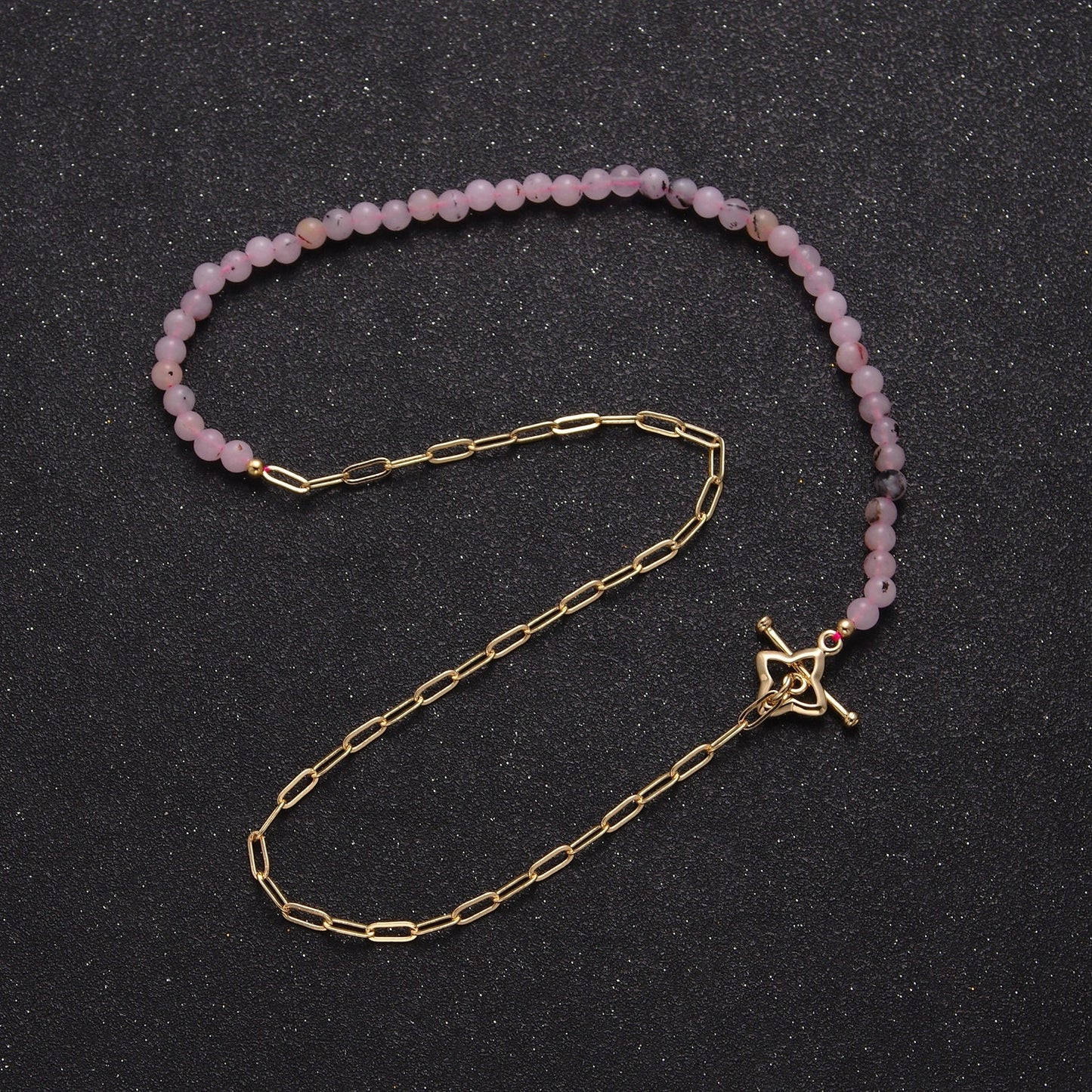 Dainty Half Bead Half Link Chain Necklace, 24k Gold Filled Paperclip Chain with Pink Jade Necklace Toggle Clasp WA-972