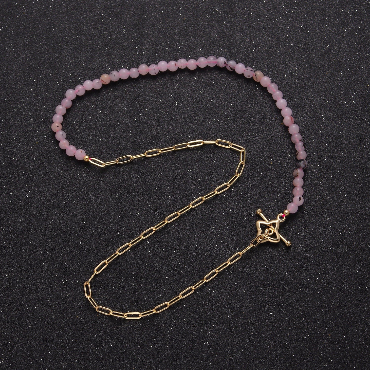 Dainty Half Bead Half Link Chain Necklace, 24k Gold Filled Paperclip Chain with Pink Jade Necklace Toggle Clasp WA-972