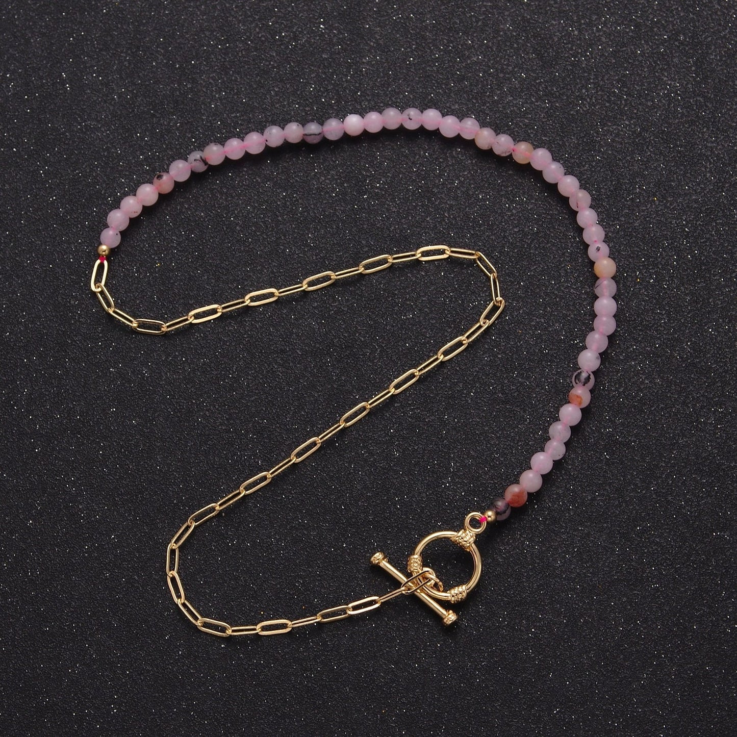 Dainty Half Bead Half Link Chain Necklace, 24k Gold Filled Paperclip Chain with Pink Jade Necklace Toggle Clasp WA-971