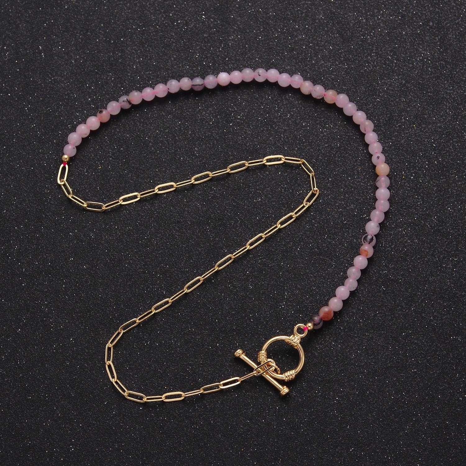 Dainty Half Bead Half Link Chain Necklace, 24k Gold Filled Paperclip Chain with Pink Jade Necklace Toggle Clasp WA-971