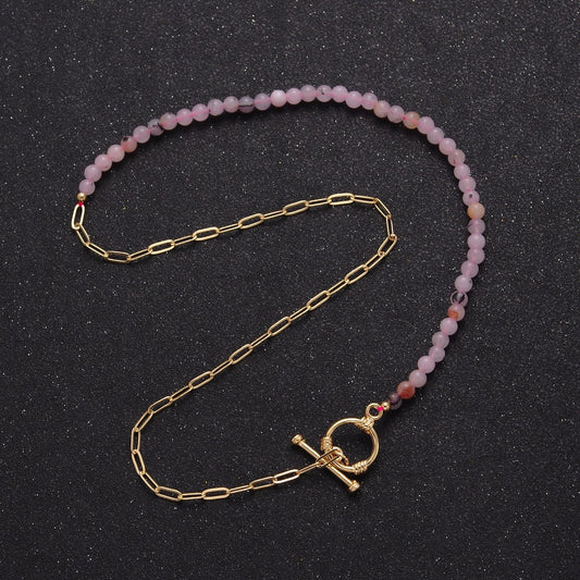 Dainty Half Bead Half Link Chain Necklace, 24k Gold Filled Paperclip Chain with Pink Jade Necklace Toggle Clasp WA-971