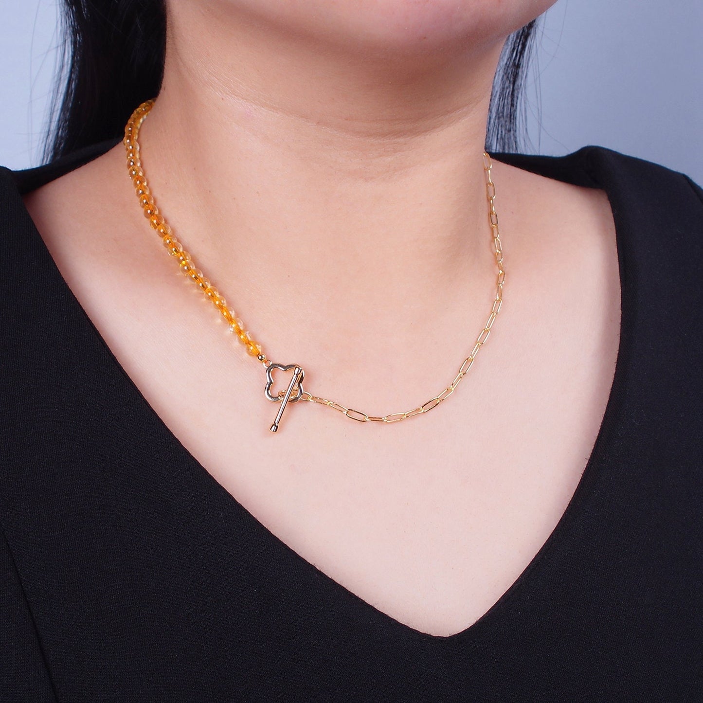 Dainty Half Bead Half Link Chain Necklace, 24k Gold Filled Paperclip Chain with Yellow Quartz Necklace WA-962