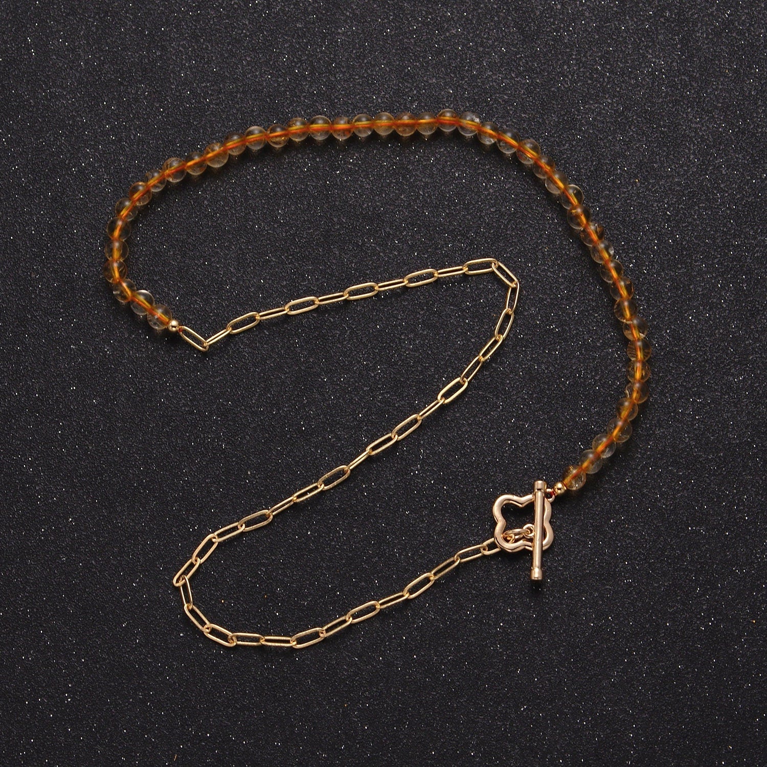 Dainty Half Bead Half Link Chain Necklace, 24k Gold Filled Paperclip Chain with Yellow Quartz Necklace WA-962