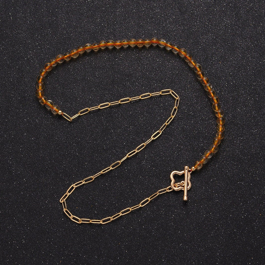 Dainty Half Bead Half Link Chain Necklace, 24k Gold Filled Paperclip Chain with Yellow Quartz Necklace WA-962