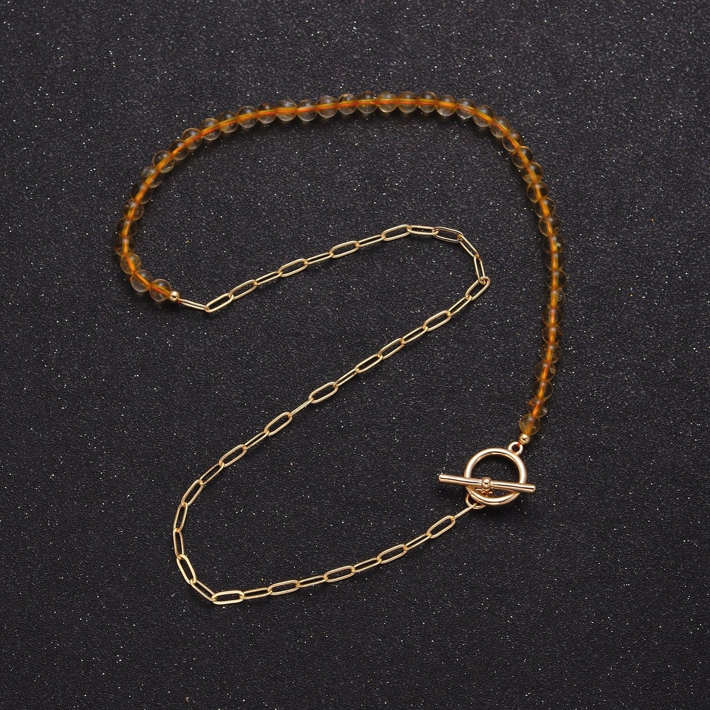 Dainty Half Bead Half Link Chain Necklace, 24k Gold Filled Paperclip Chain with Yellow Quartz Necklace WA-963