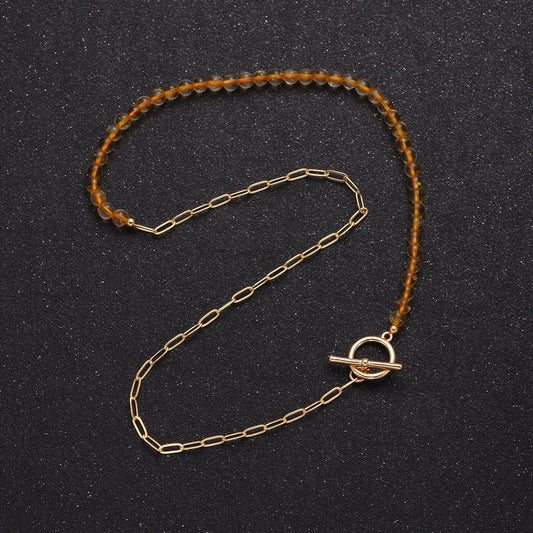 Dainty Half Bead Half Link Chain Necklace, 24k Gold Filled Paperclip Chain with Yellow Quartz Necklace WA-963