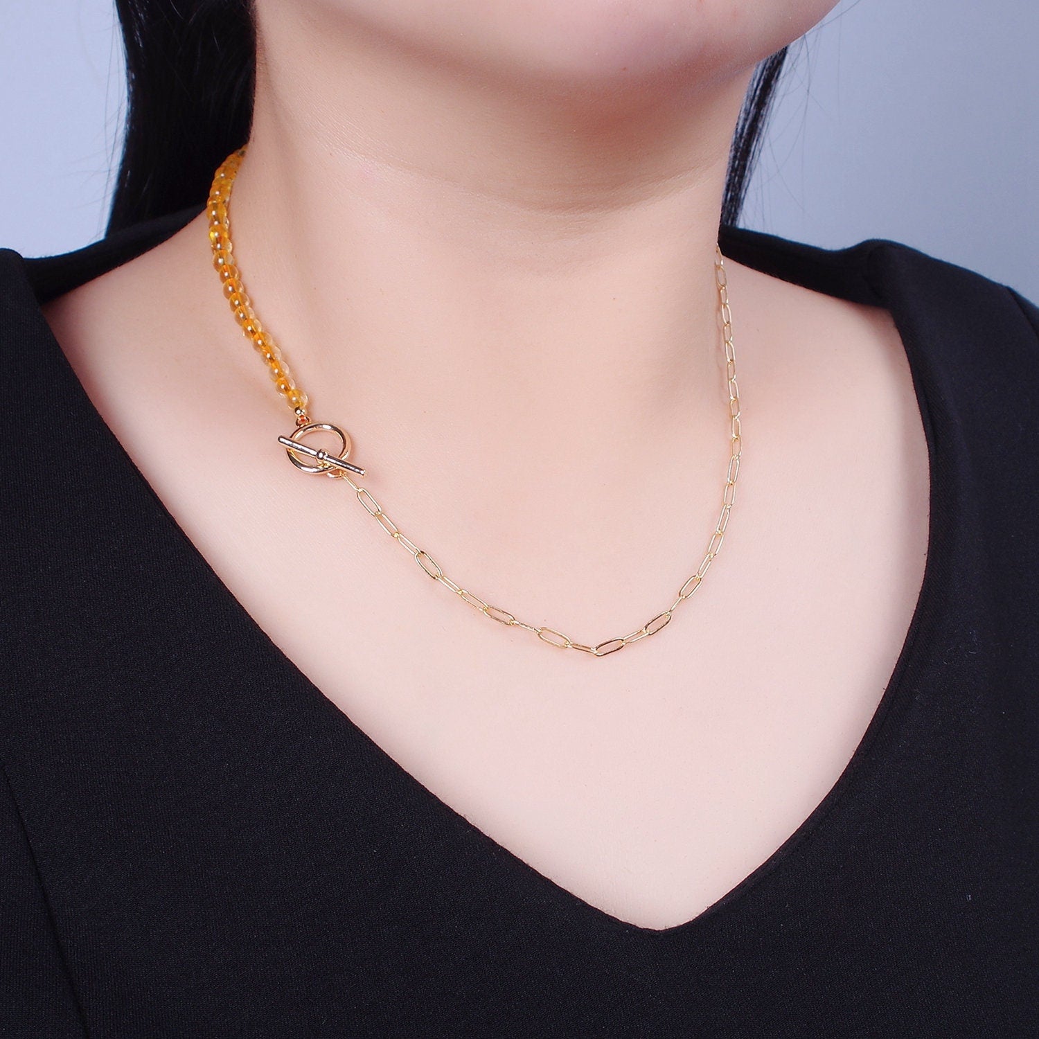 Dainty Half Bead Half Link Chain Necklace, 24k Gold Filled Paperclip Chain with Yellow Quartz Necklace WA-963