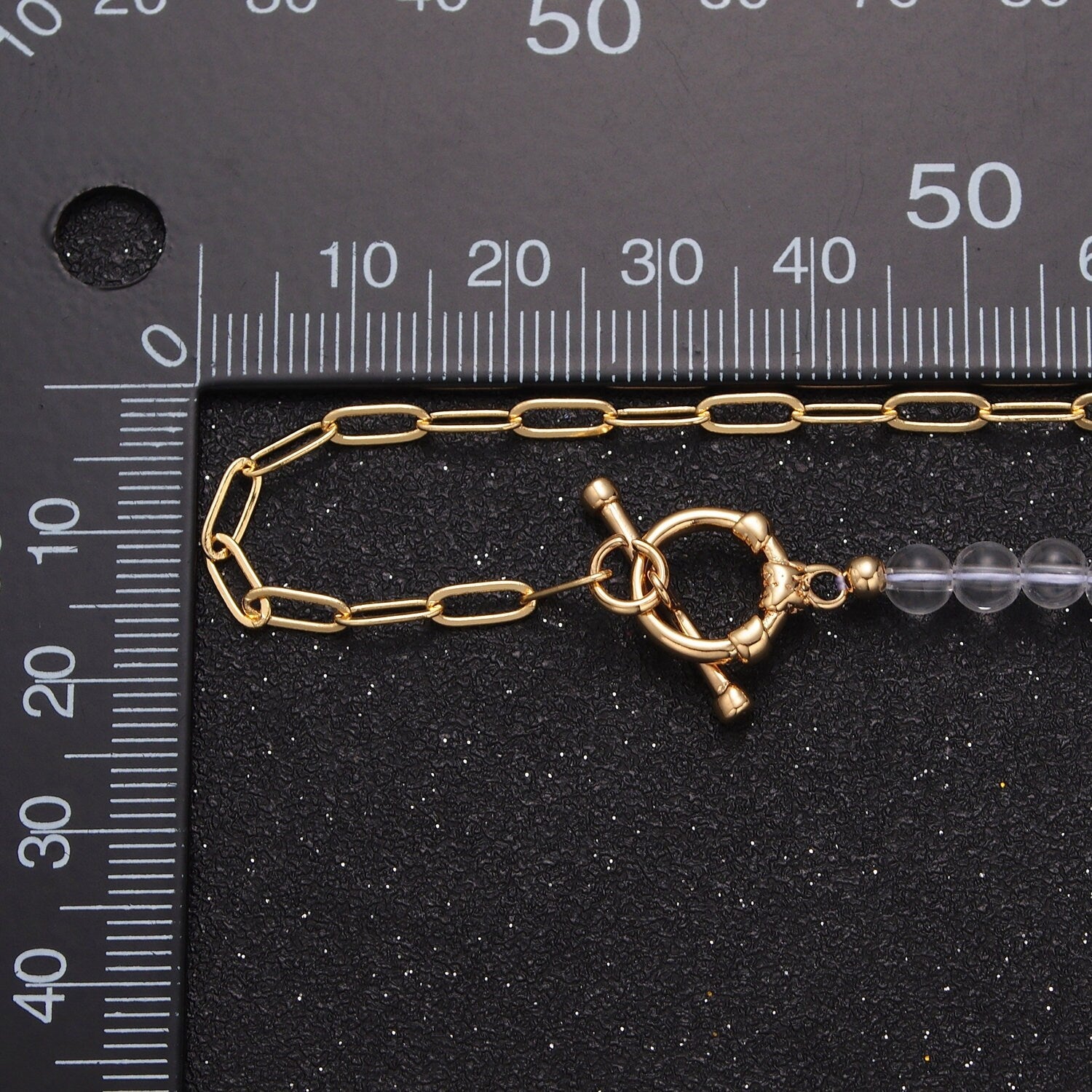 Dainty Half Bead Half Link Chain Necklace, 24k Gold Filled Paperclip Chain with Clear Quartz Necklace Toggle Clasp WA-965