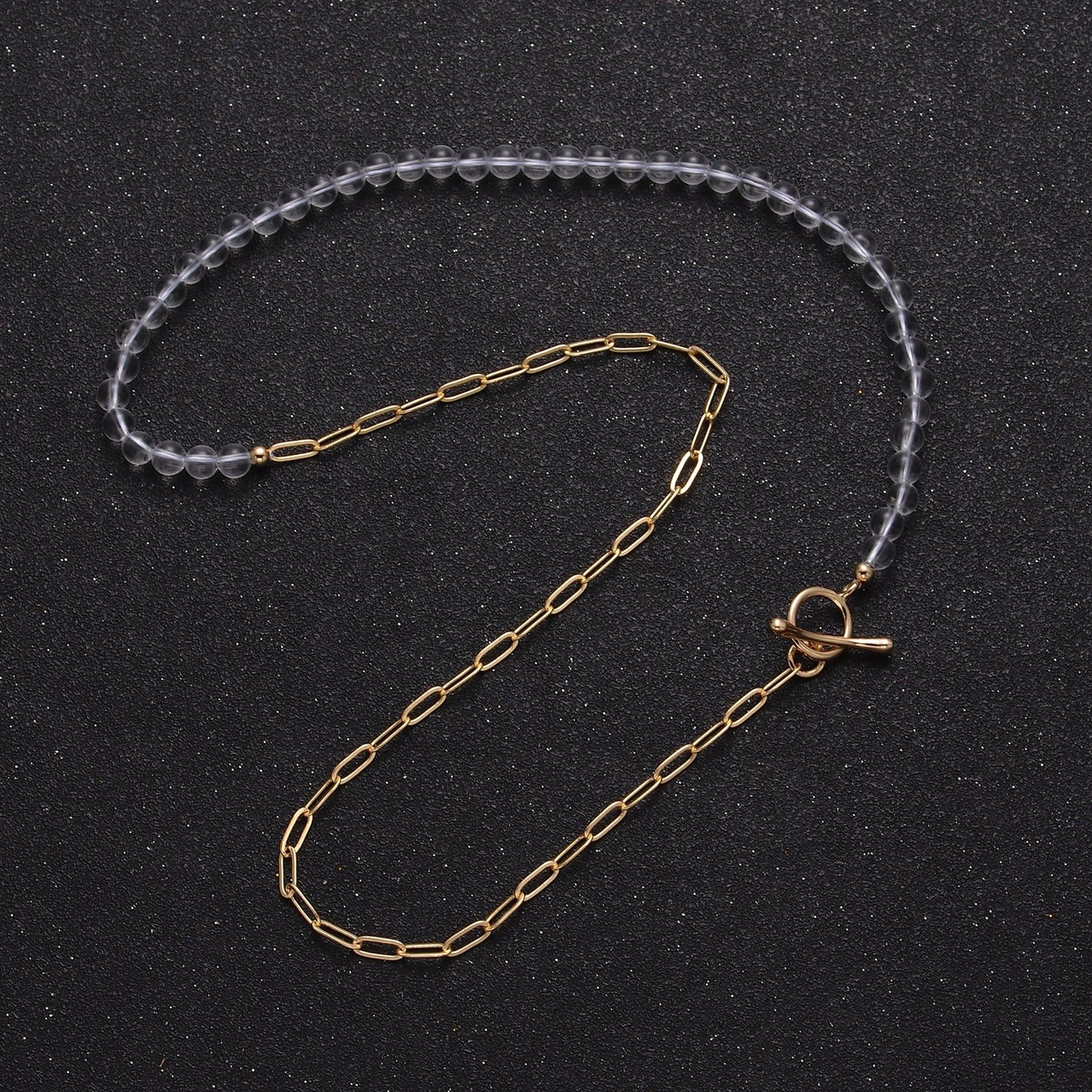Dainty Half Bead Half Link Chain Necklace, 24k Gold Filled Paperclip Chain with Clear Quartz Necklace Toggle Clasp WA-966