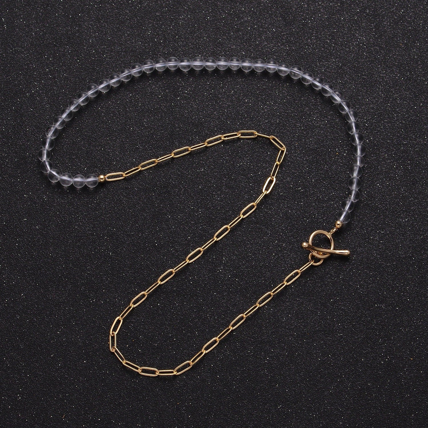 Dainty Half Bead Half Link Chain Necklace, 24k Gold Filled Paperclip Chain with Clear Quartz Necklace Toggle Clasp WA-966
